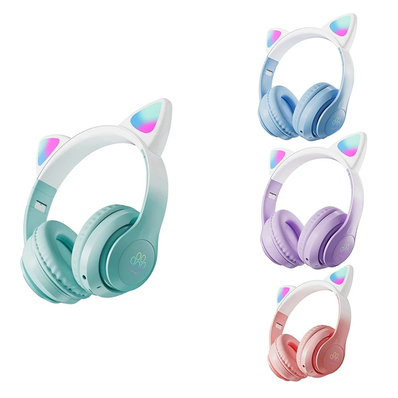 ABGZ-Cute Cat Gradient Wireless Headsets LED Light Bluetooth Headphones With Mic Kids Stereo Phone Music Game Headset