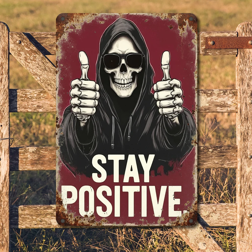 Płaski, metalowy znak ścienny w stylu vintage z czaszką \"Stay Positive\", łatwy do powieszenia na Halloween, do użytku na zewnątrz, w stylu farmhouse, do baru, idealny prezent, dekoracja.