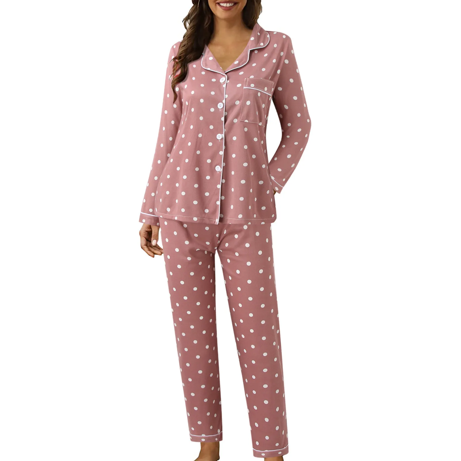 Pijama com estampa feminina com lapela e bolinhas, conjunto de duas peças, top e calça de manga comprida, estilo casual, outono