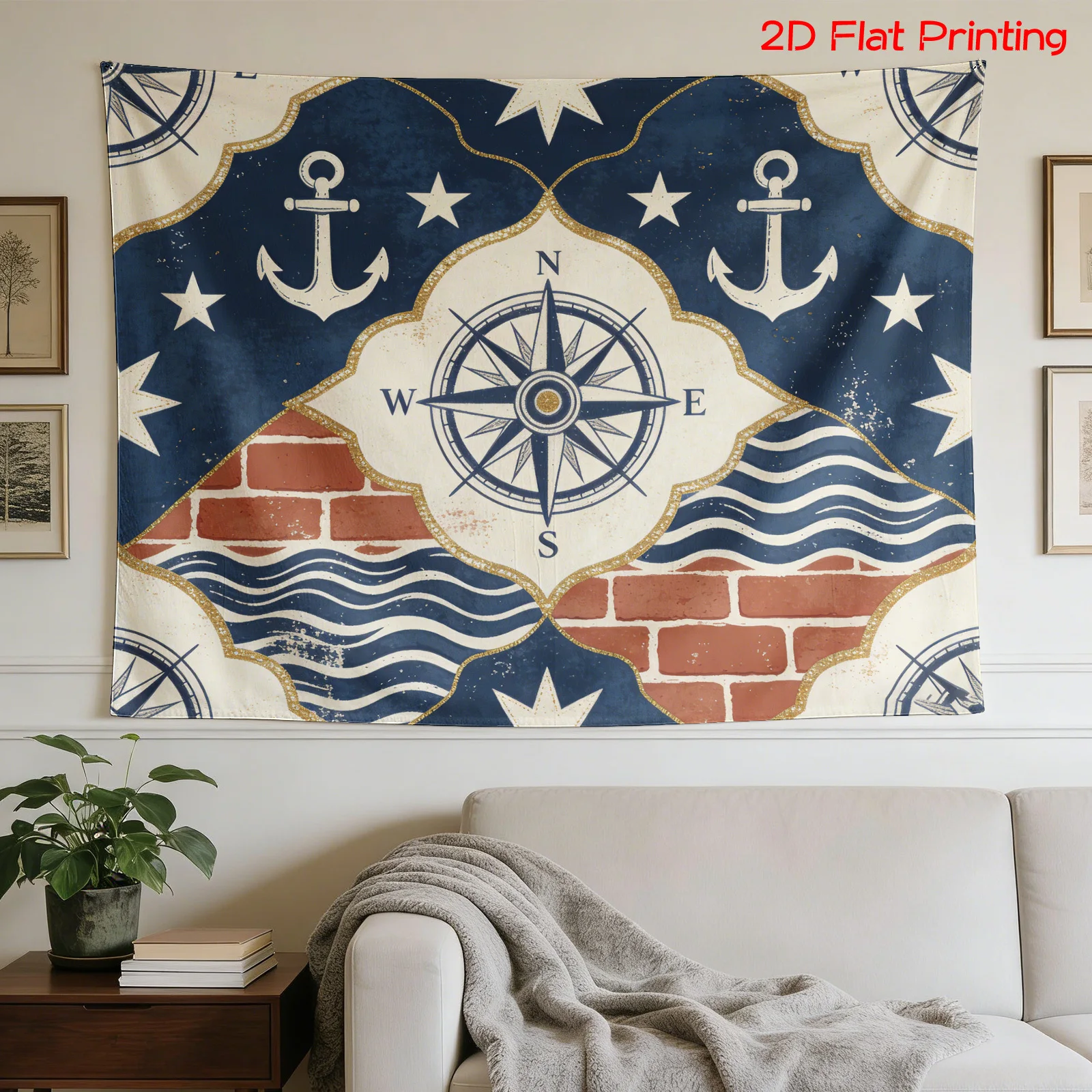 Nautical Compass Wall Hanging Tapestry Boho Marine Decor Sailor Anchor Waves Coastal Style Artwork Print Canvas Home Wall Decora