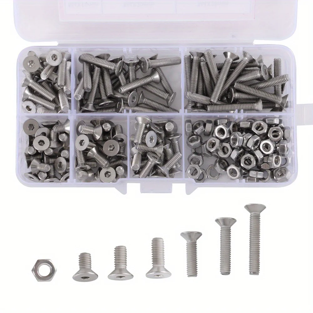 180-teiliges metrisches M4-Sechskant-Senkkopfschrauben-Sortiment mit flachem Kopf und Schraubenmutter – Edelstahl
