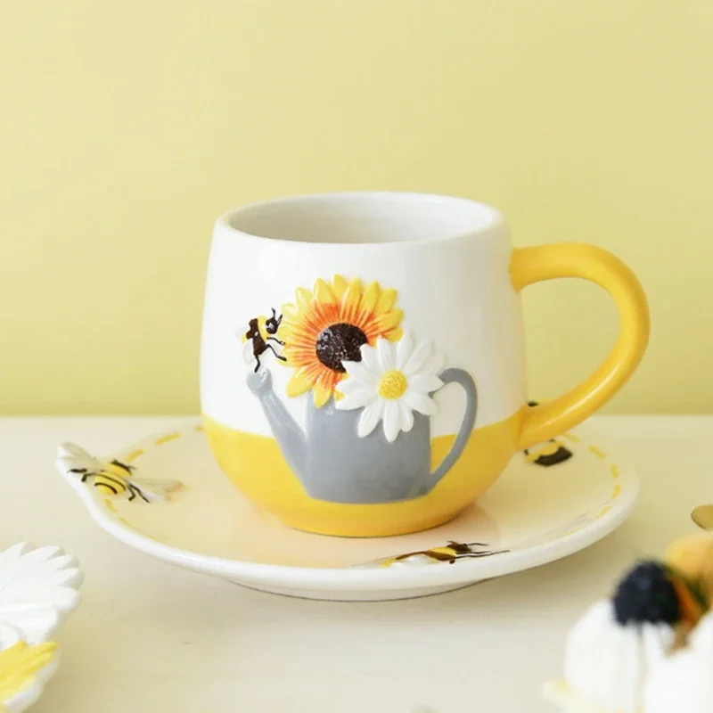 330ml Ceramic Tea Cup And Saucer Set Yellow Bee Coffee Cup Sunflower Cake Dish Milk Mug Microwave Safe
