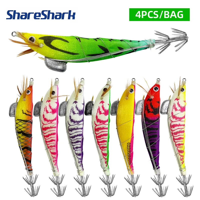 ShareShark 4 Stück/Beutel Leuchtender Stahldraht Künstlicher Holz-Garnelen-Tintenfisch-Hakenköder Sinkender Köder für Meeresfischerei
