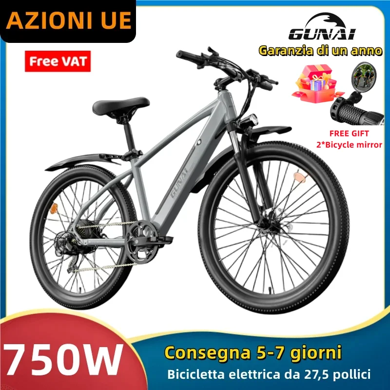 EU Stock Electric Motorcycle Bicycle,GUNAI 750W 27.5Inch Off-road Tire Adult Mountain Bike 70KM 48V10Ah Battery 35KM/H Max speed