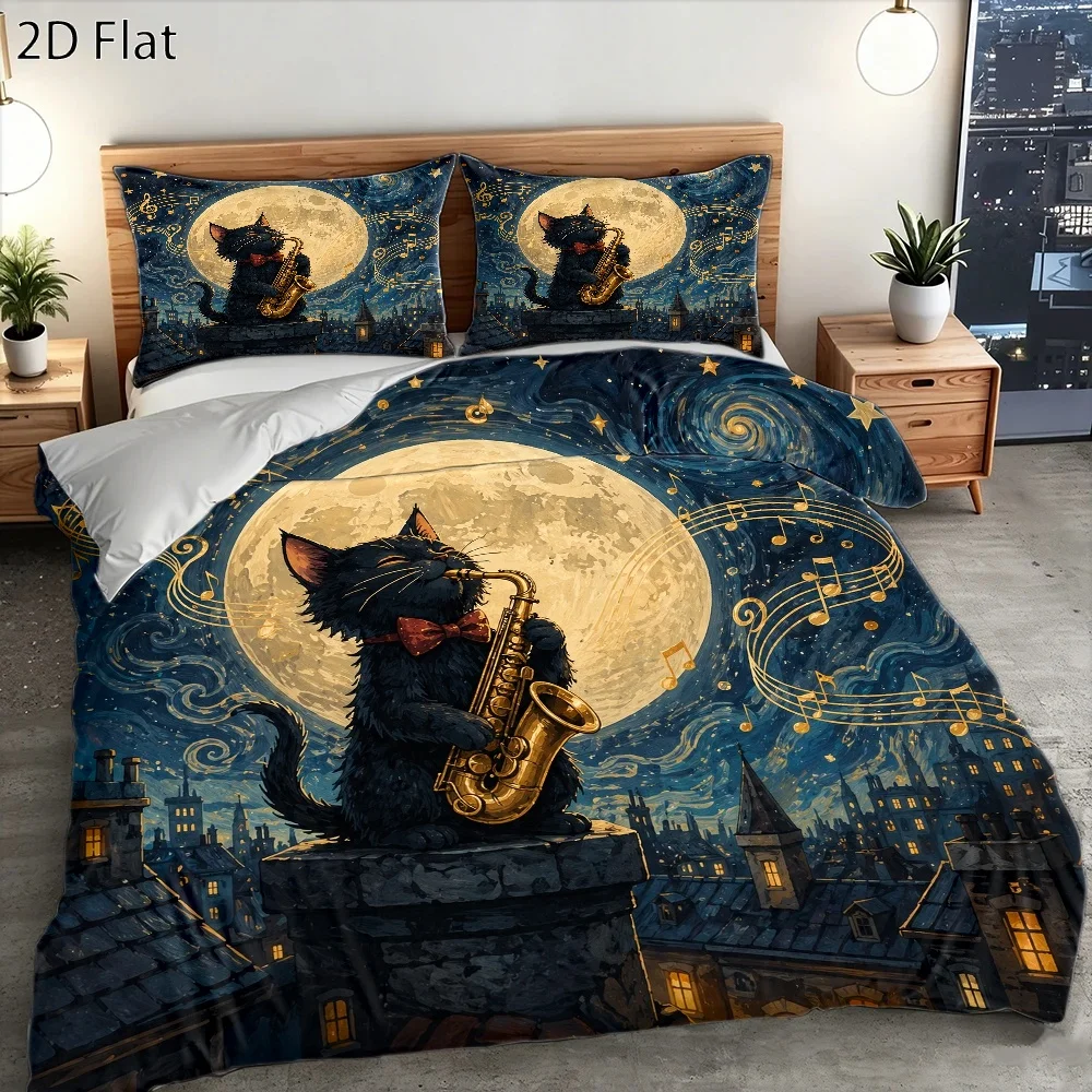 3Pc Starry Night Black Cat Saxophone Duvet Cover Set, Three-Piece Bedding Set (1*Duvet Cover + 2*Pillowcases), Suitable for All Seasons, Machine Washable, Invisible Zipper, Universal for Home, Dormitory, Master Bedroom, Guest Room, Large Double Bed Cover, Van Gogh Style Artistic Print Bedding Set, Dreamy City Rooftop Cat Performance Theme Bedding, Skin-Friendly Brushed Fabric Three-Piece Bedding Set
