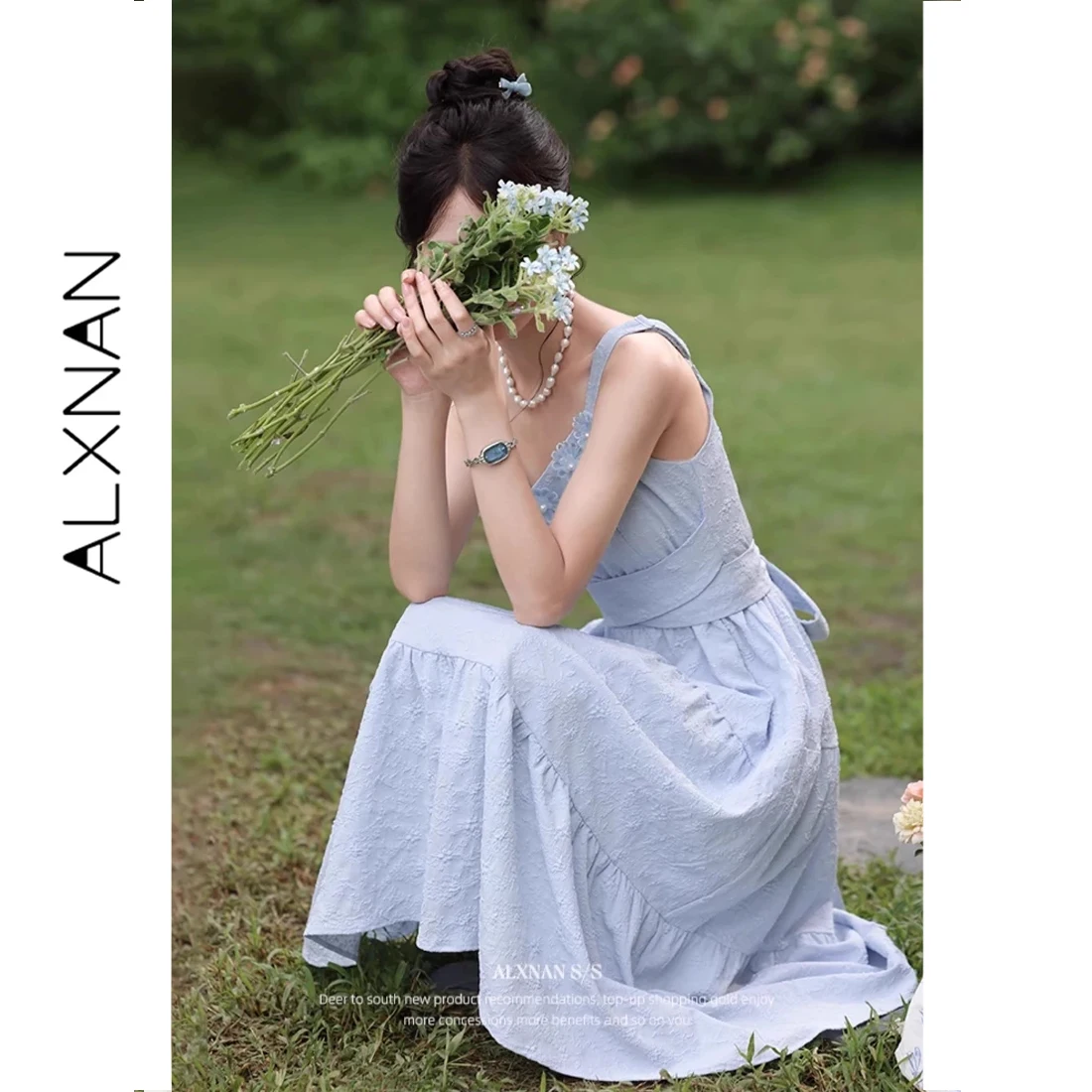 

ALXNAN Women's Long Dress 3D Flower Design Elegant Party Dresses Summer Fashion Blue Holiday Beach Female Clothing DYL661756