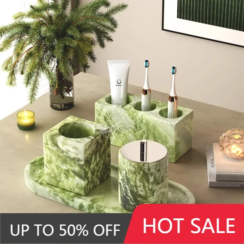 Creative Dark Green Marble Bathroom Accessories Cotton Swab Toothbrush Holder Storage Tray Luxury Toothbrush Holder Storage Jar
