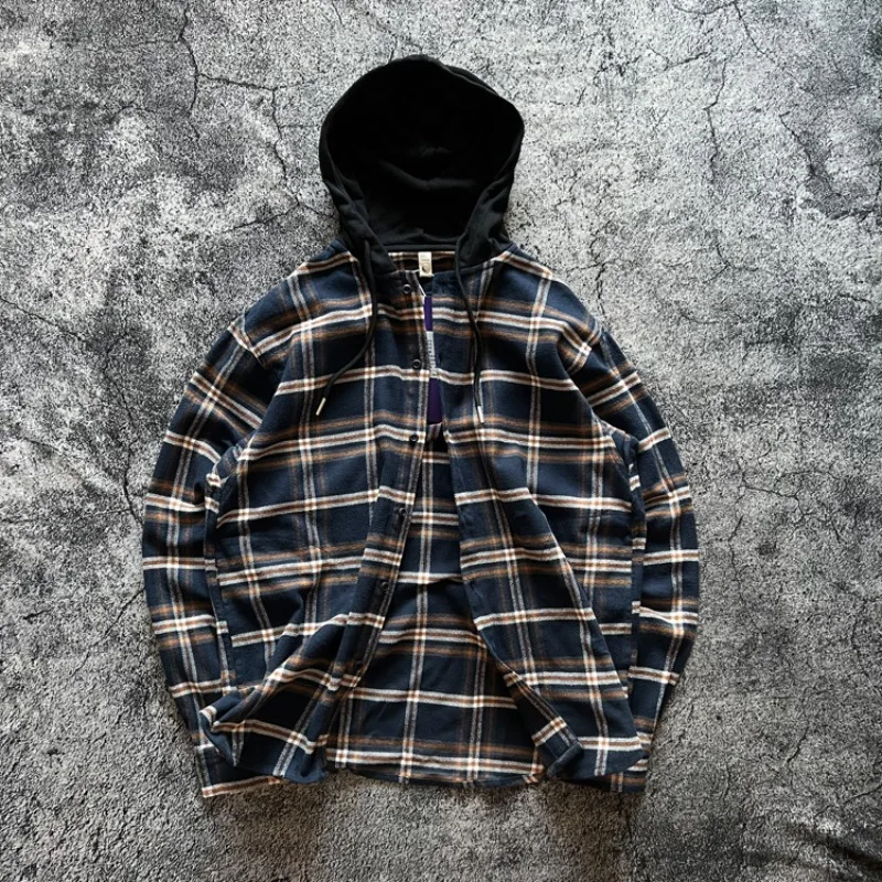 American Retro Street Casual OVERSIZE Water Hooded Plaid Ultra Loose Long Sleeve Check Shirt 2024 Autumn Youth Men 100% Cotton