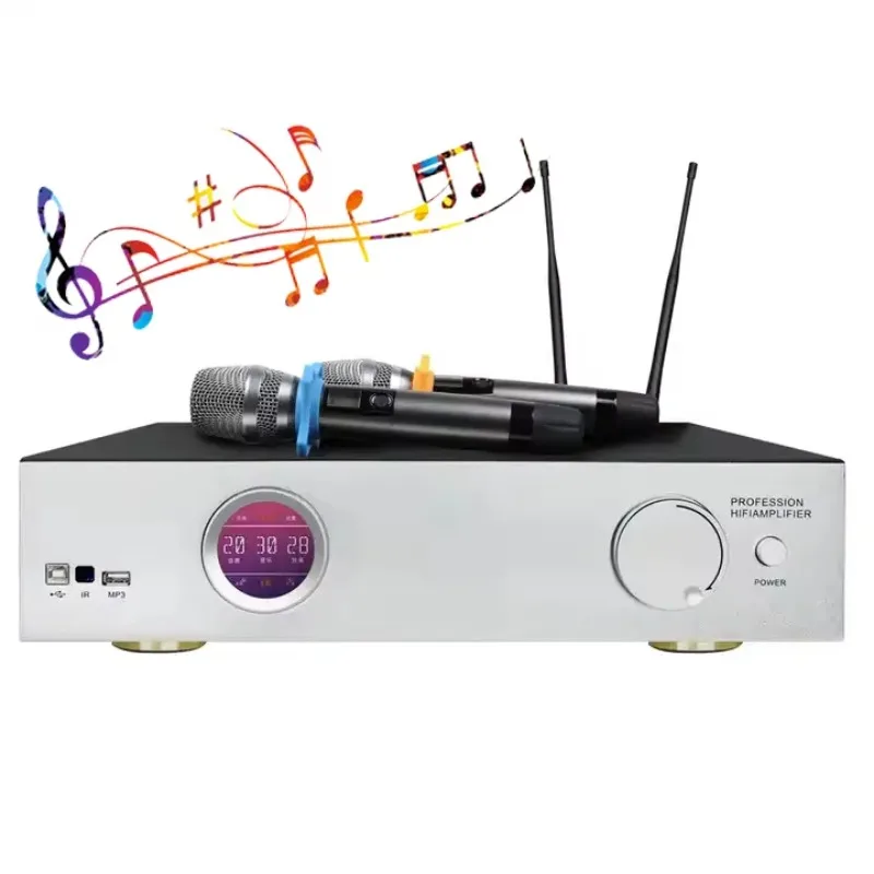 Audio Power Amplifier High‑Performance Amp With Wireless Microphones for Home Karaoke Entertainment Sound System Equipment