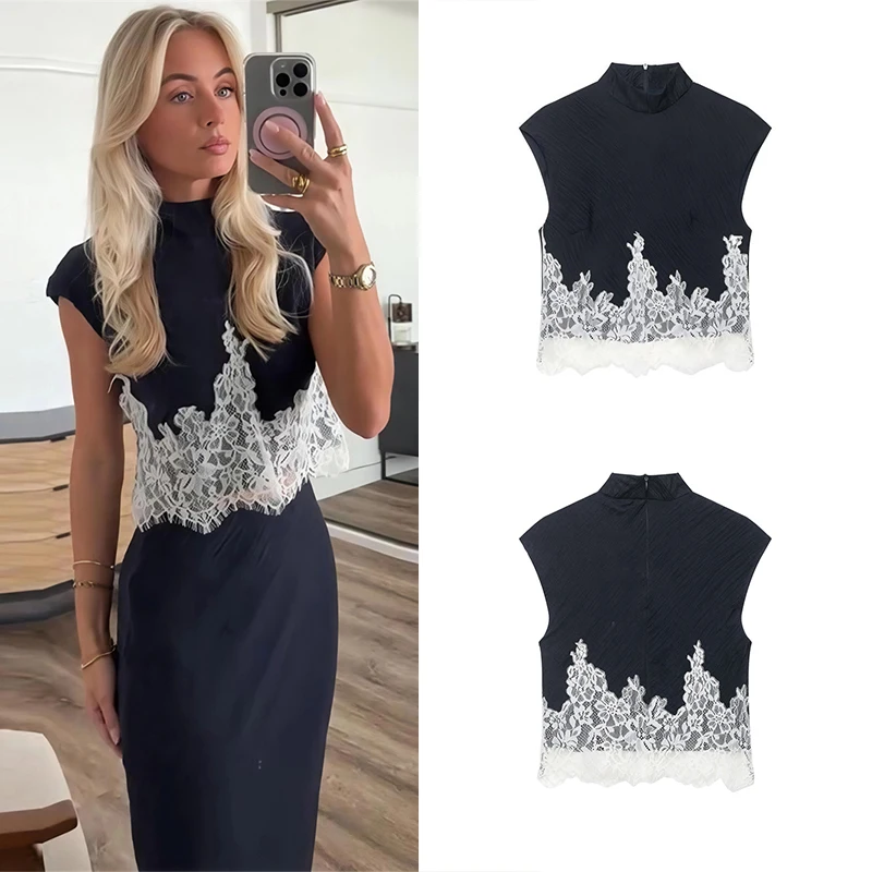 Guobioziy Women's Lace Patchwork Top 2026 Summer New Edition French Casual Fashion Trendy Slim Street Style Versatile