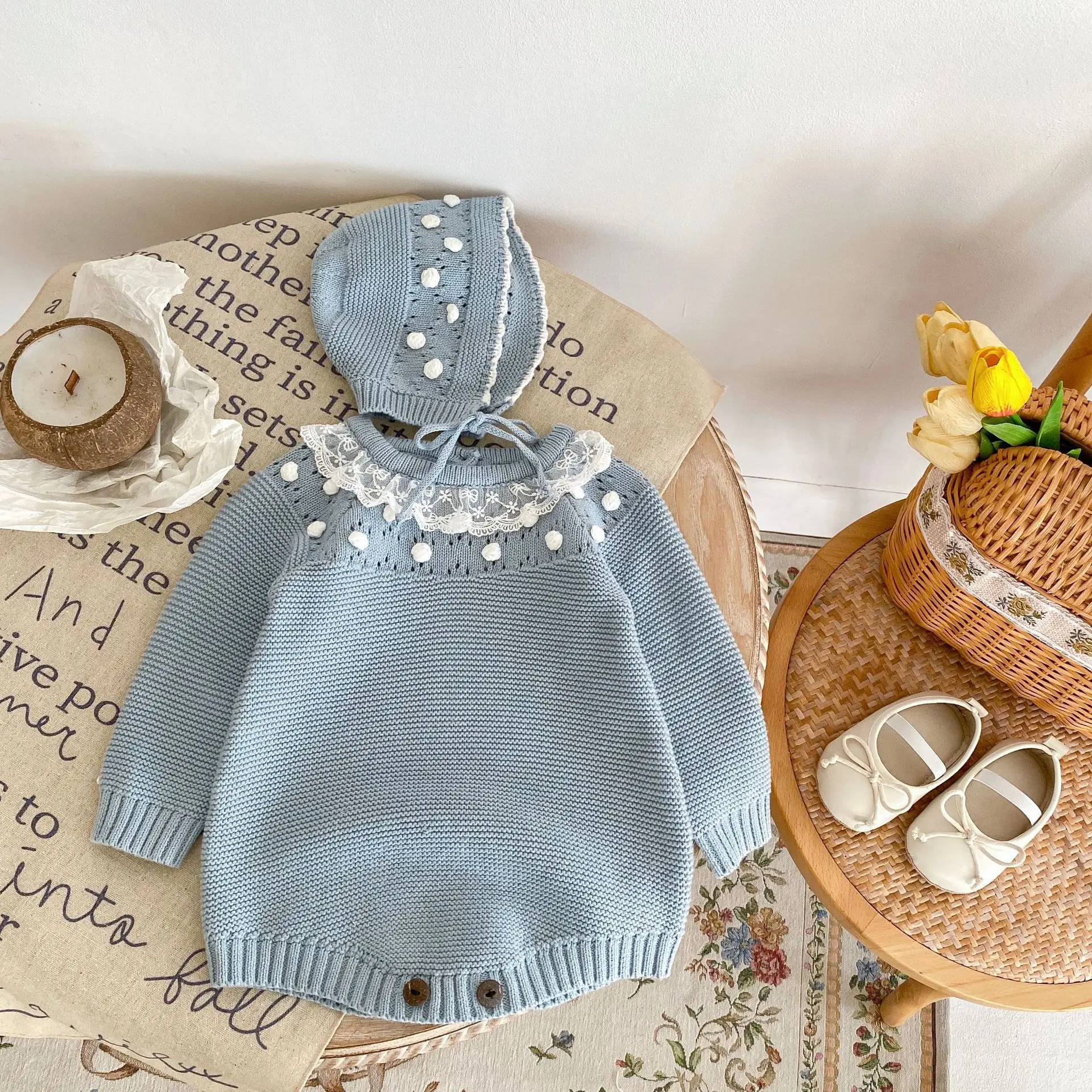 Somenie2026 Mono de Manga Larga con Cuello de Encaje y Puntos Hechos a Mano para Bebé Niña, Chaqueta con Cuello Redondo para Otoño