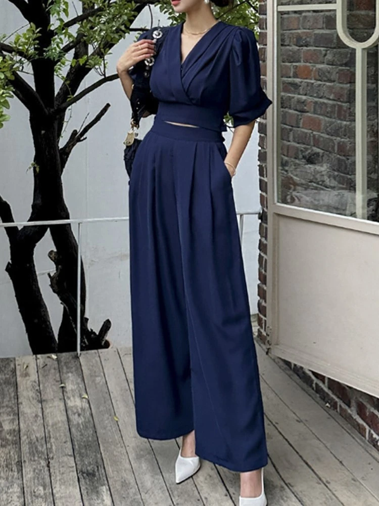 Autumn Fashion New Women Vintage Party Pantsuit Elegant Chiffon Casual Shirts Tops High Waist Wide-Leg Pants Two Pieces Set