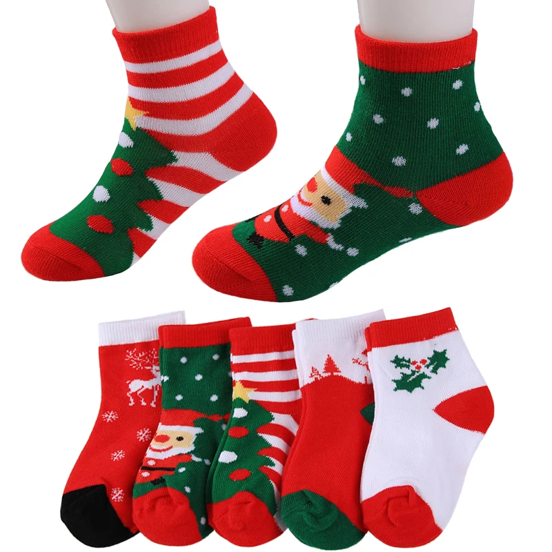 2024 Winter 100% Cotton Christmas Socks for 1-12Years Kids Anti-skid Xmas Fashion Santa Claus Stripe Print Baby Boys Girls Socks