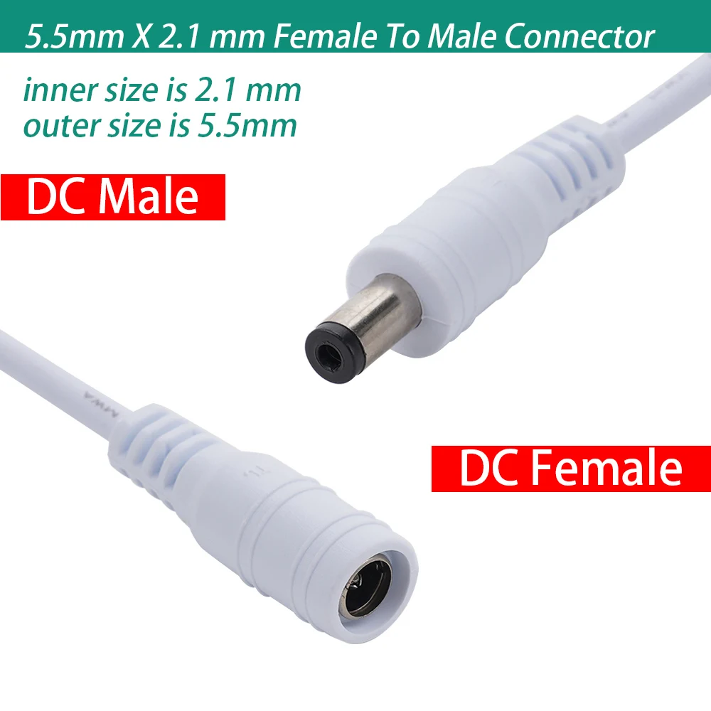 5/10szt DC 5.5x2.1mm Kabel męski i żeński Biały 12V DC Wtyczka zasilania Jack Pigtail Kabel Złącze Adapter do taśmy LED