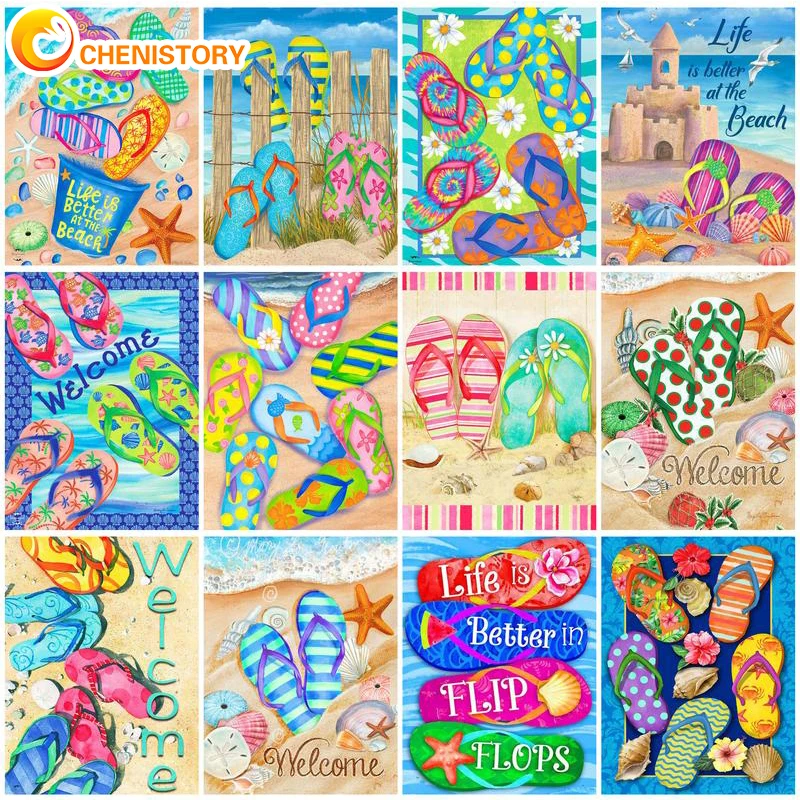 CHENISTORY Paint By Numbers Kits For Adults Children Artwork Acrylic Sandals Painting By Numbers Beach Landscape Coloring Wall G