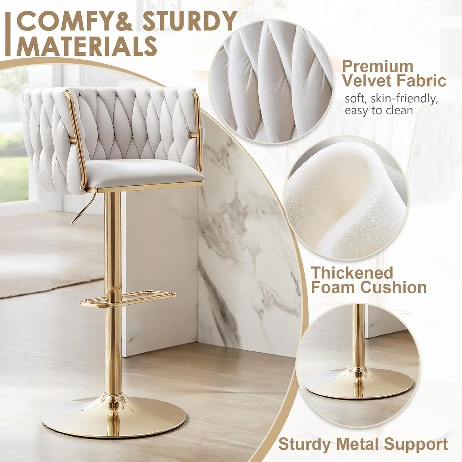 طقم مقاعد بار مخملية مكونة من قطعتين، ارتفاع عداد دوار، قابل للتعديل مع ظهر منسوج ومسند للقدمين، عاجي