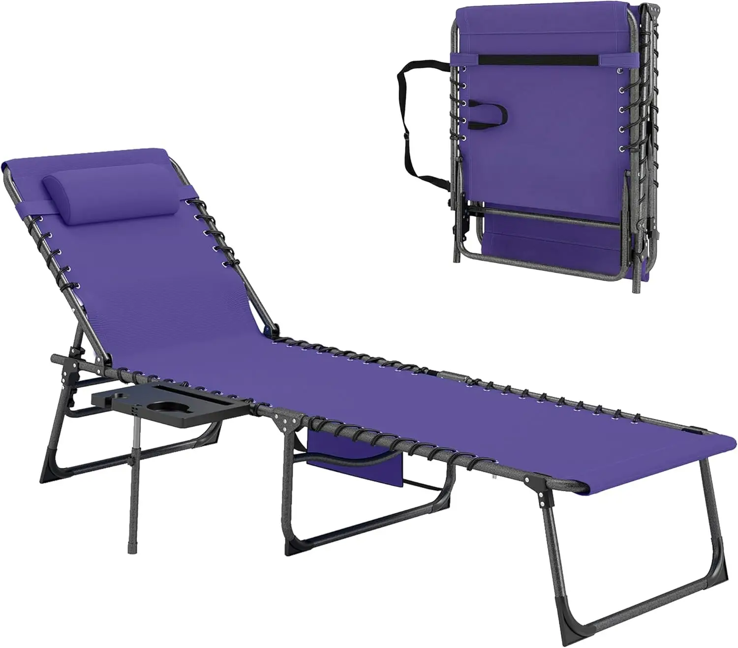 

Folding Chaise Lounge Tanning Chair with Side Table, 5-Level Adjustable, Headrest & Side Pocket, for Patio, Backyard, Beach, Poolside Purple
