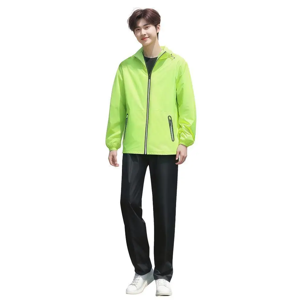 Image 6: Manteau imperméable et pantalon fendus pour hommes et femmes, Logo imprimé personnalisé, veste imperméable à bande réfléchissante pour l'extérieur