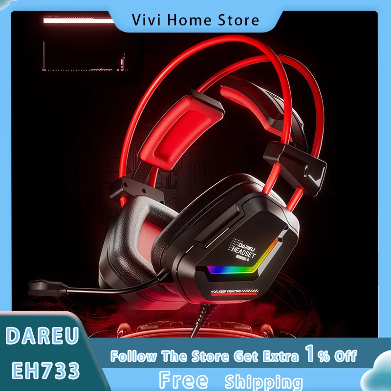 DAREU EH733 Head Mounted Esports Gaming Earphones USB Surround 7.1 Sound Effects Wired Noise Reduction Lightweight Earphones