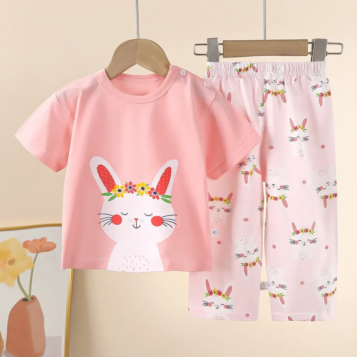 

New 2024 Boys Girls Cute Cartoon Short Sleeve T-Shirt Tops + Pants Kids Summer Pure Cotton Clothing Sets Baby Pajamas Loungewear