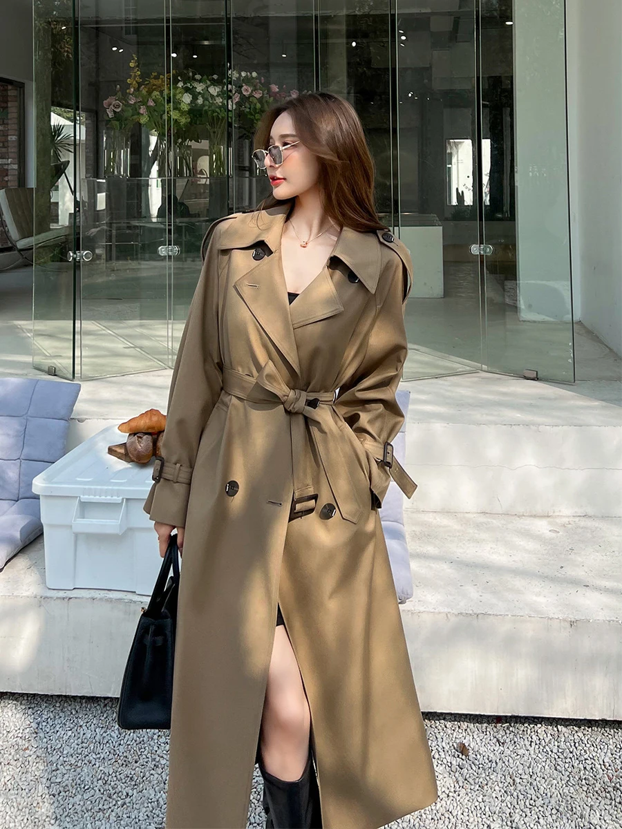

Khaki Color Women's Long Coat Spring New Sle Commuter Korean Version High-End Feel Straight Tube ape Double Breasted
