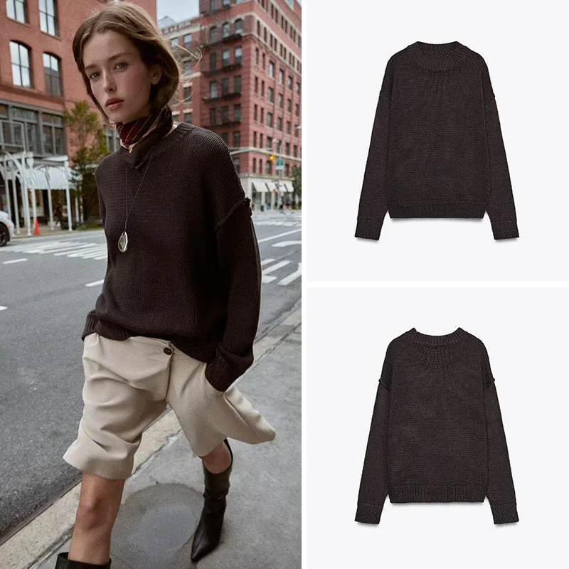 

Новинка! Осенний женский свободный базовый вязаный свитер ZA2025 с круглым вырезом и длинными рукавами, повседневный стиль для девочек-подростков