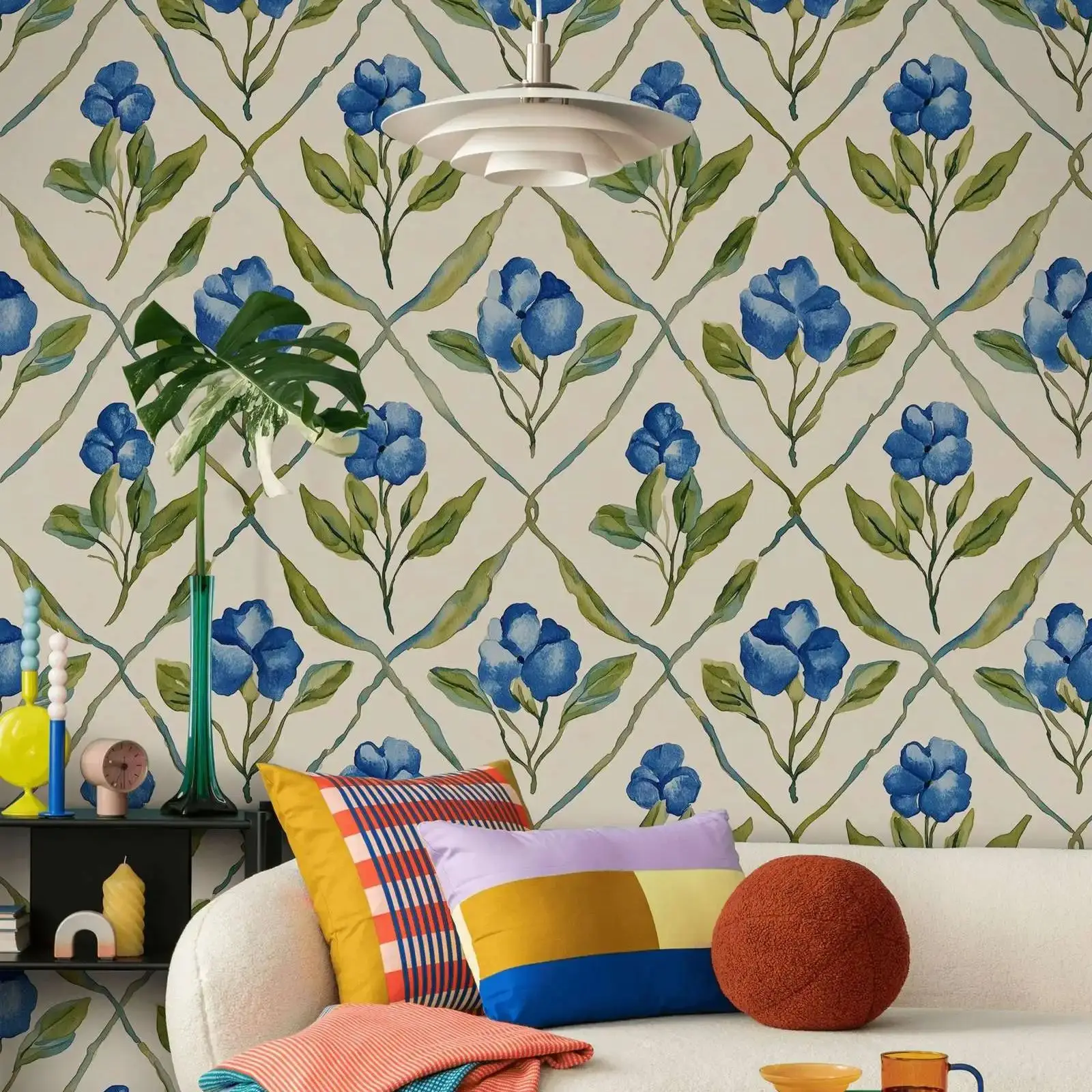 Blue Trellis Floral Wallpaper Peel and Stick, Vibrant Blooms Fresh Interiors Vintage Flowers Wallpaper Mural For Room Decoration
