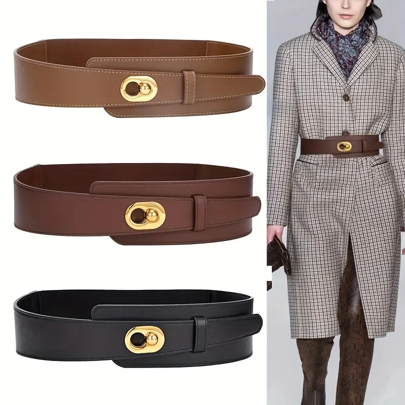 

Metal Buckle Wide Belt Elegant Elastic Genuine Girdle Women Trend Dress Belt Coat Waistband