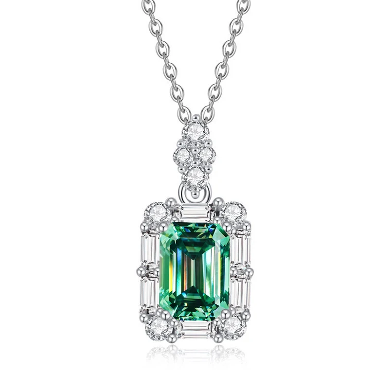 

Luomansi Green Pink Necklace Rectangle Moissanite 1 Carat 5x7MM with Certificate S925 Silver Girl Jewelry Anniversary Gift