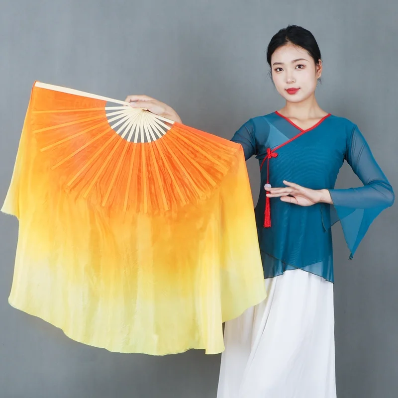 1 Pair Real Silk Veil Chinese Folk Dance Fan Bamboo Ribs Double Sided Performance Props Short Fan Veils Gradient Yellow
