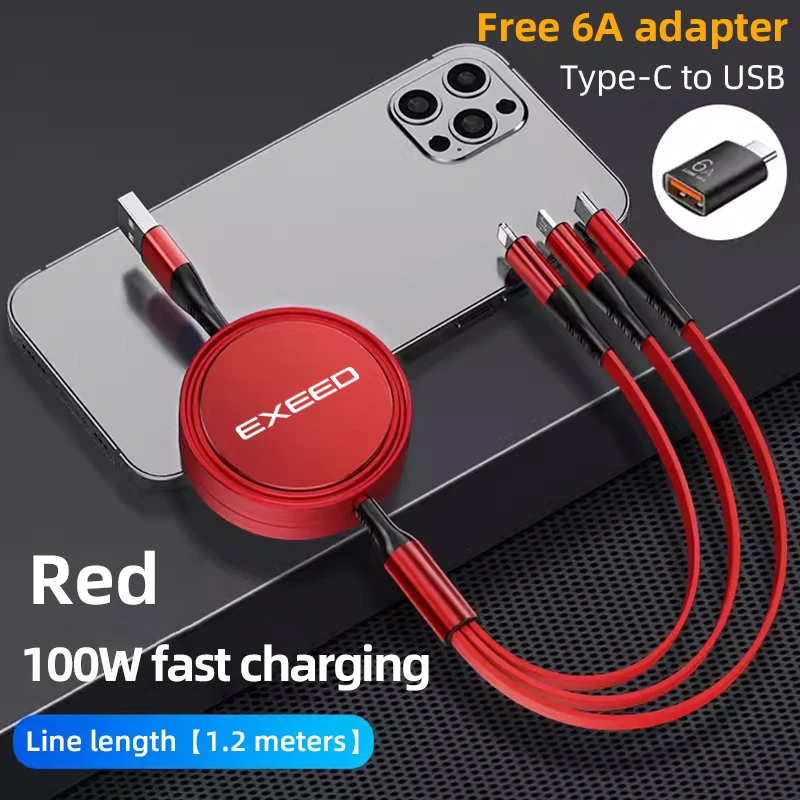 For Chery Exeed TXL TX VX RX LX Jetour X-1 Plus DTC Tiggo PRO 8 6A 3 in 1 USB Cable 100W Fast Charging Cable For iPhone 13 Huawe