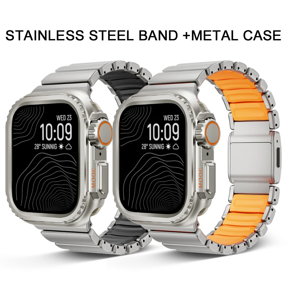 

Ремешок из нержавеющей стали + металлический корпус для Apple Watch Ultra 3 49 мм 46 мм 45 мм 44 мм Роскошный защитный чехол с ремешком для Iwatch 11 10 9 8 7