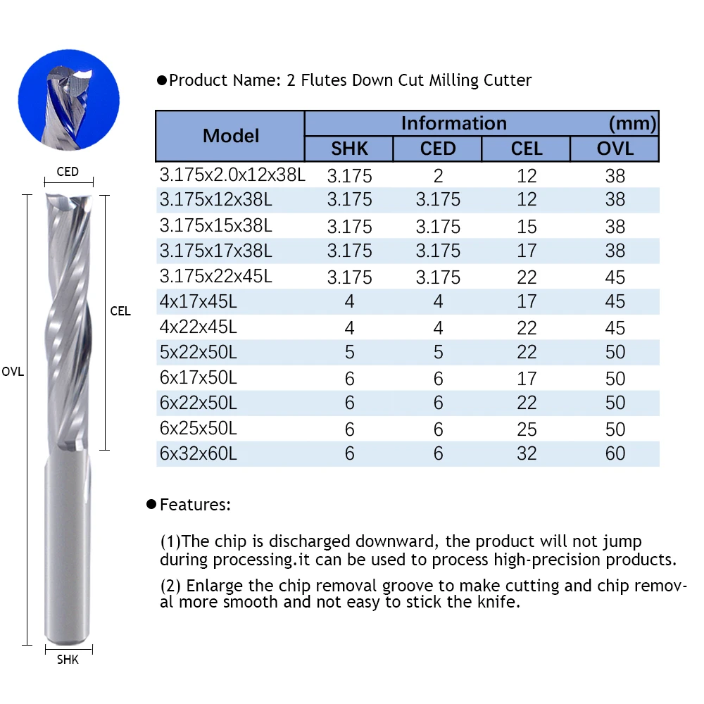 1pcs Left Spiral End Mill 3.175 4 6mm 2 Flute Down Cut Solid Carbide Milling Cutter for CNC Router Bit Wood MDF Acrylic