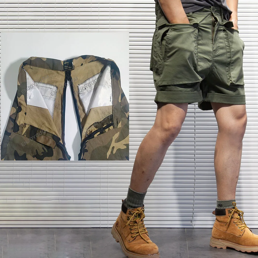 

Summer Shorts Men Open Crotch Outdoor Sex Vintage Ins Loose Plus Size Overalls Big Pocket Erotic Casual Cargo Tactical Pants Man