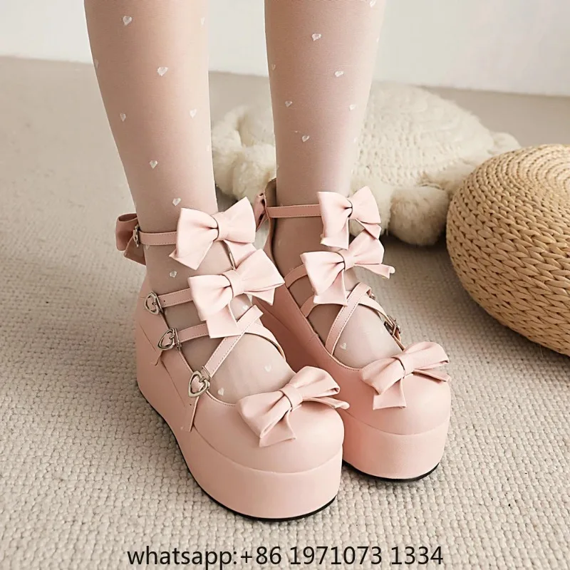 Princess Lolita Platform Mary Jane Girls Tea Party Shoes Criss-Cross Strap Sweet Bow Thick Sole Wedge Pumps Pink Black White