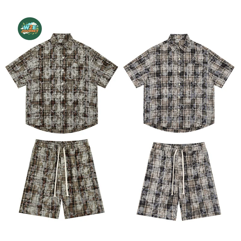 

W2EJOURNEY EU US Size Plaid Short-Sleeve Shirt For Men Women Spring Summer New Trendy Brand Loose Checked Shirt And Shorts Set