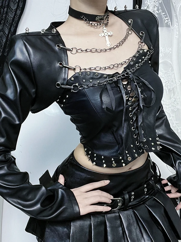 

Wannathis Punk Sle Bla Jaet loween Sexy Girl Leather Cover up Ro Concert Women's ort Coat Polyurethane Elastic F...