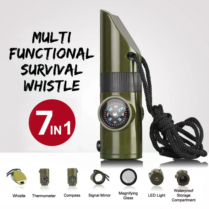 7 In1 Outdoor Emergency Whistle With Compass  Magnifier LED Lights Portable Convenient Survival Tools