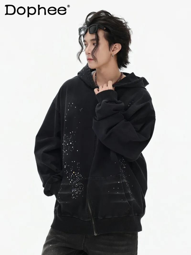 American High Street Fashion Trend Heavy-duty Rhinestone Cardigan Denim Sweatshirt Loose Casual Zipper Hooded Jacket for Men