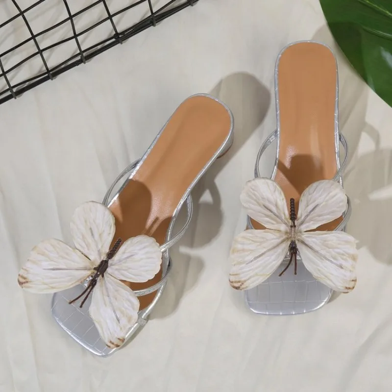 Women's High Heel Slippers Big Butterfly Alien Shape Square Toe Slippers Women Fashion Summer