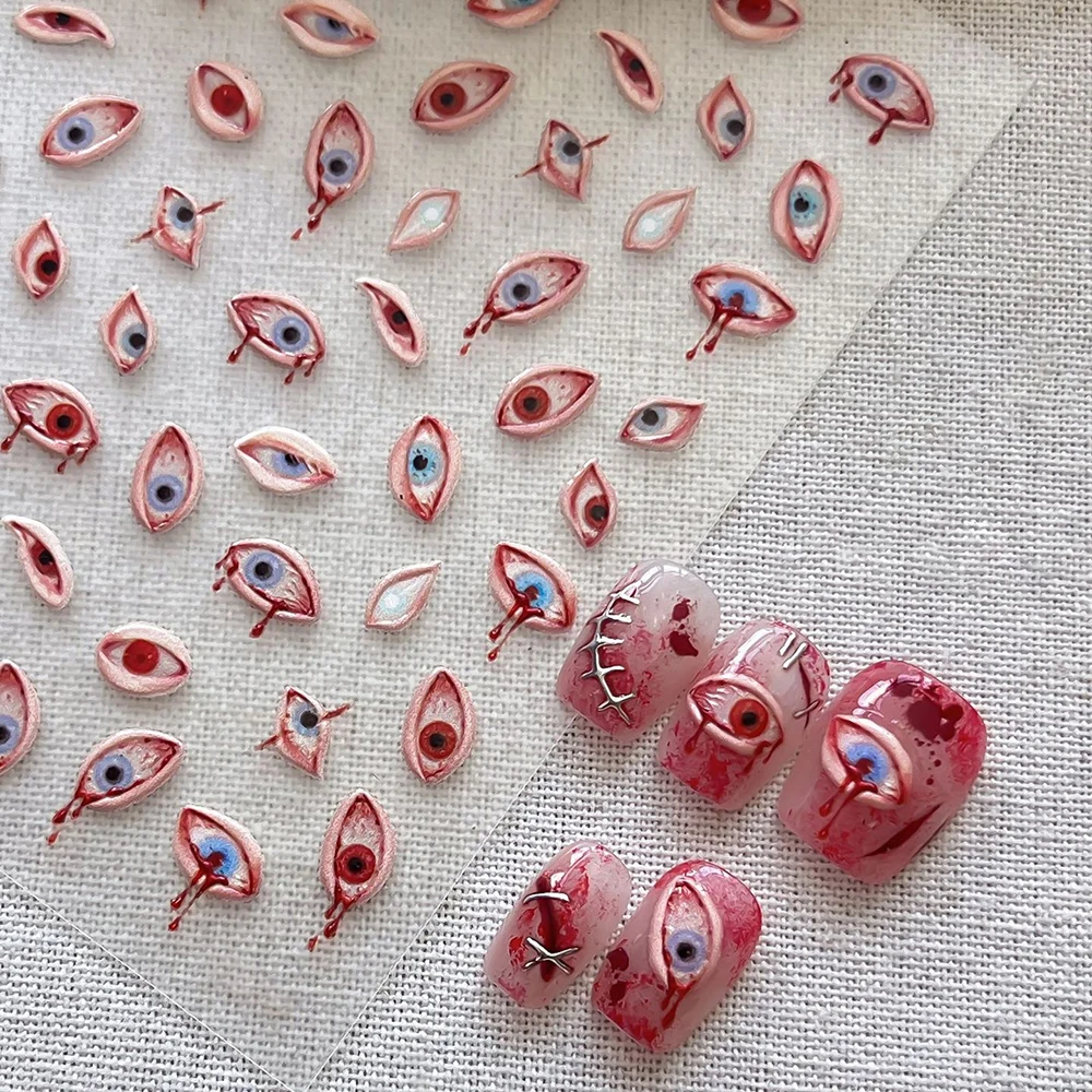 1 Stück 5D Geprägte Blutunterlaufene Augen Nagelaufkleber Horror Gruselige Rote Augen mit Blutrivern Nagelsticker Gothic Halloween Nagelkunst Deko – Detail 4