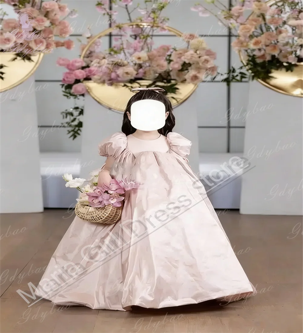 

Customized Puffy Bubble Sleeves High Waisted Flower Girl Dresses For Wedding First Communion Kids Birthday Dresses