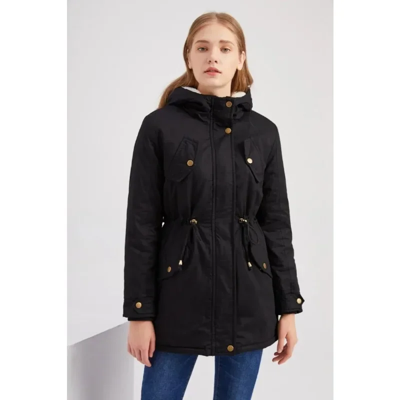 

2025Cotton Padded Jacket Black Women Solid Hood Fur Warm Winter Coat Office Ladies Retro Causal Loose Parkas Outwear