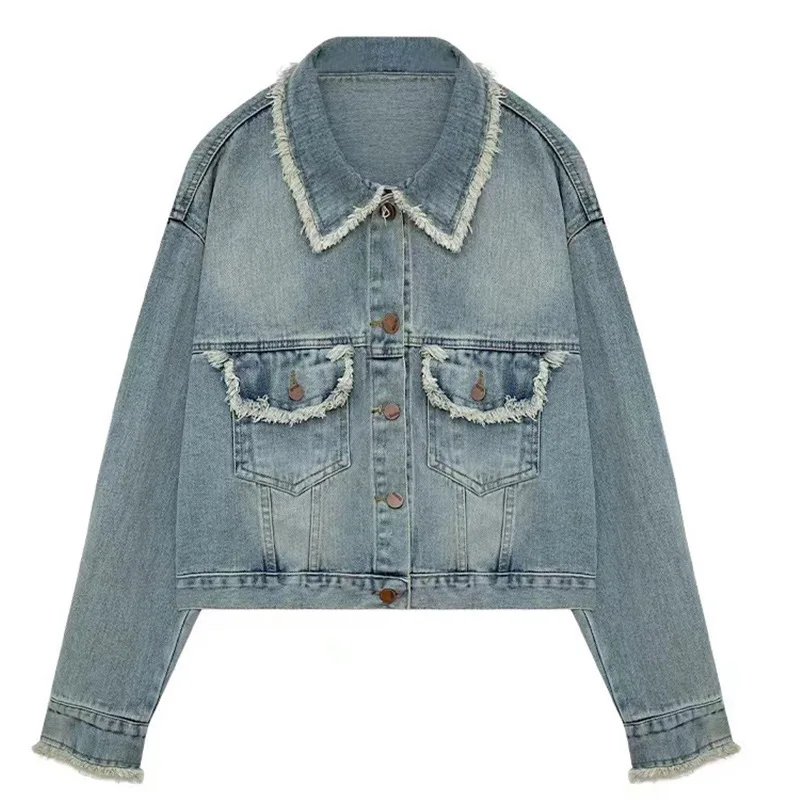 

Ретро-джинсовая куртка для женщин на весну-осень, свободного кроя, с эффектом потертости, с рваными краями, укороченная.
