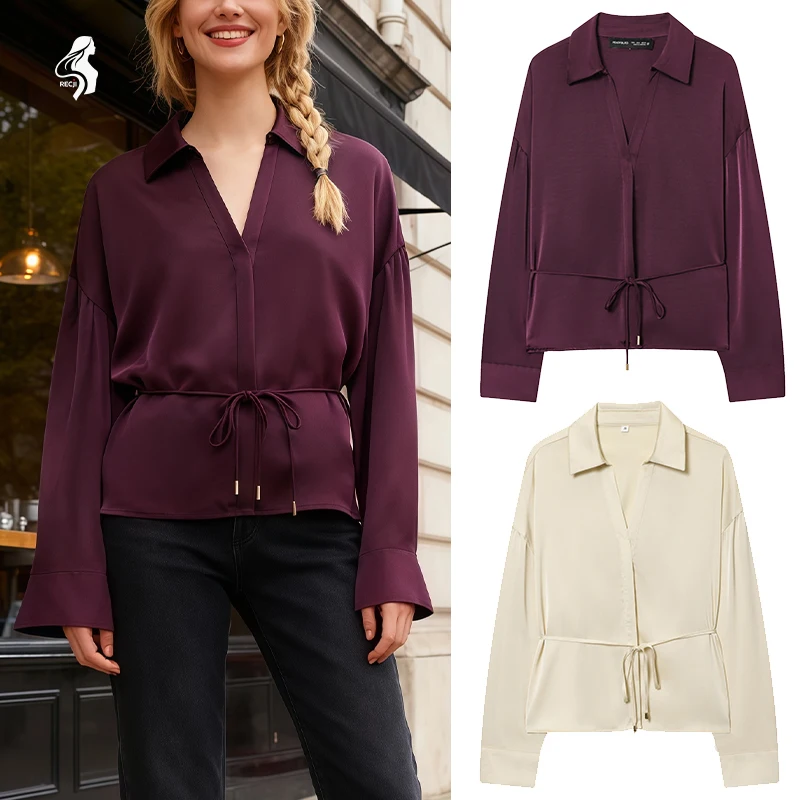 

Womens Elegant Blouse With Tie Satin Lapel Long Sleeve Shirt Trendy And Versatile Suitable For Workplace And Casual Wear