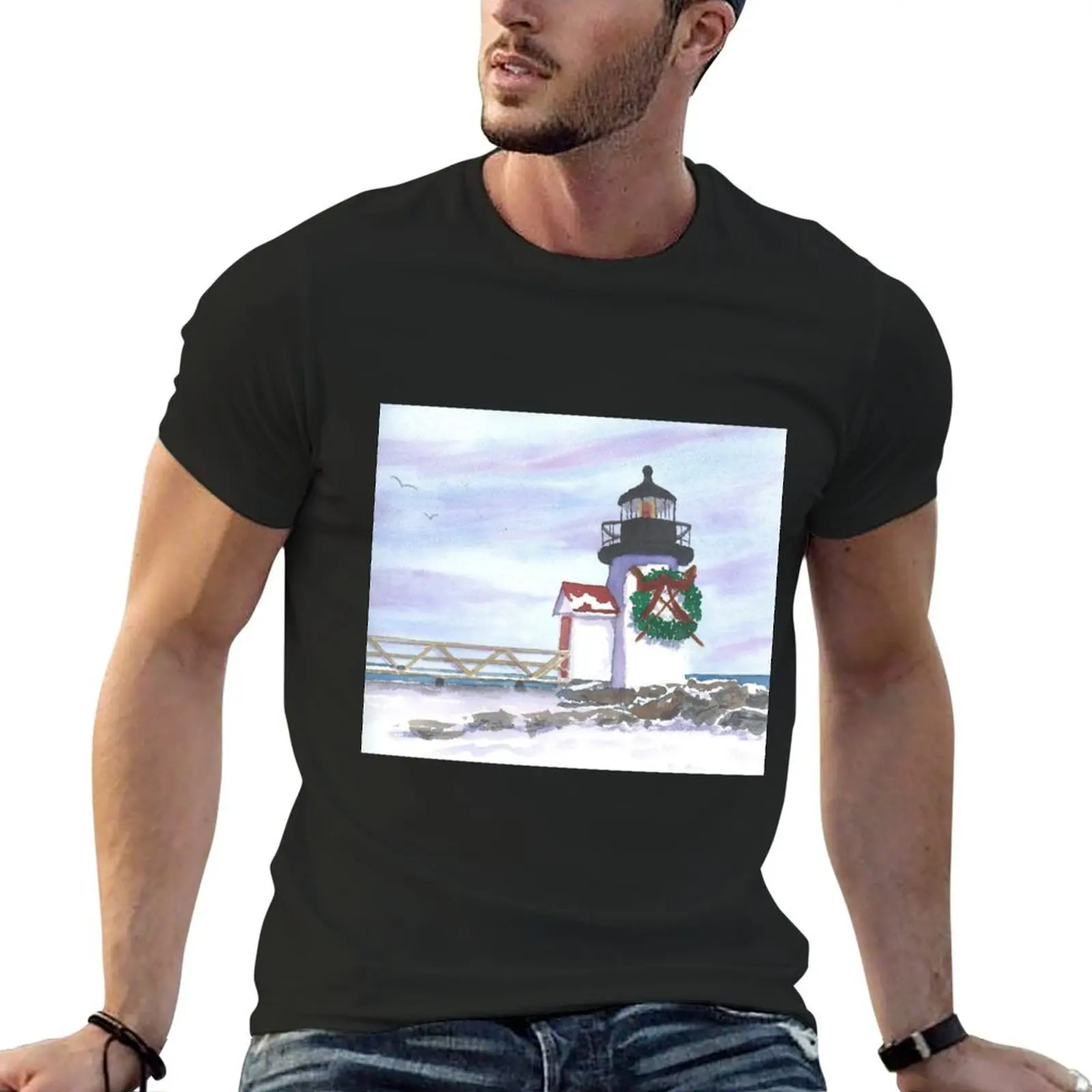 Nantucket Lighthouse at Christmas T-Shirt hippie clothes customizeds heavy weight t shirts for men