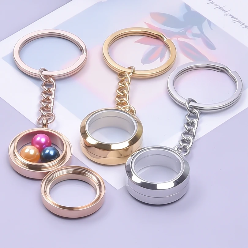 1Pc Stainless Steel Glass Memory Locket Ashes Key Holder For Women Round Floating Living Relicario Pendant Keychain Jewelry