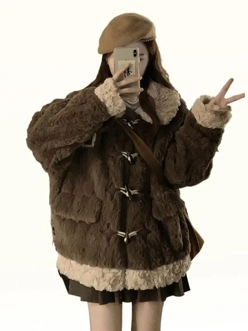 เสื้อโค้ทกันหนาวผู้หญิงไซส์ใหญ่ สไตล์เกาหลี กระดุมเขาสัตว์ เสื้อโค้ทผ้าฝ้ายหนา สำหรับผู้หญิง ฤดูหนาว อุ่นสบาย ผ้าขนแกะ