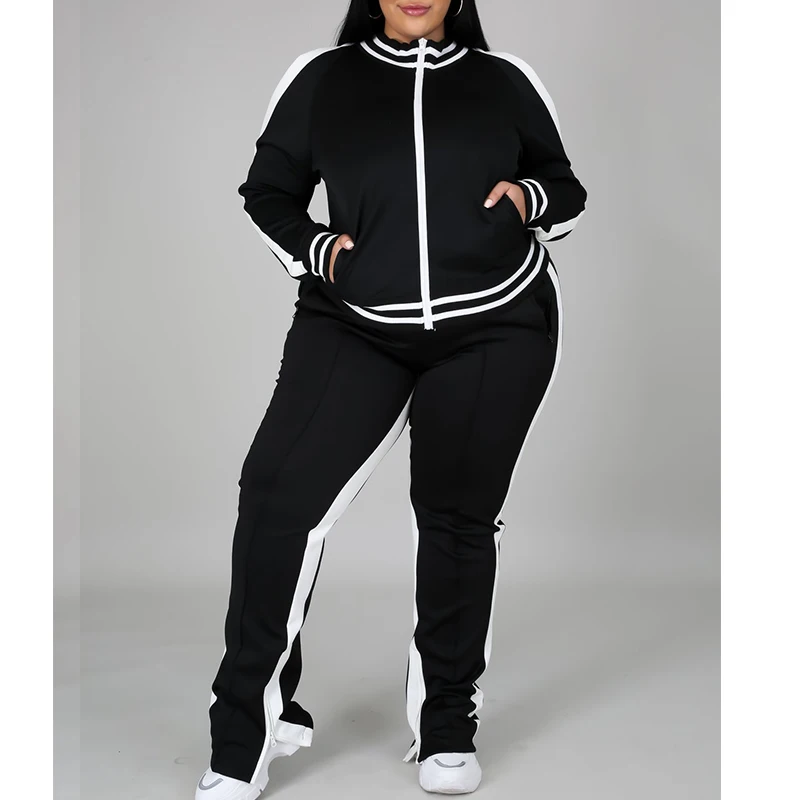 Spring Autumn Fashion Trend Plus Size Two Piece Set Women Sportswear Solid Oversized Sweatsuit Women Zip Striped Slit Sweatpants