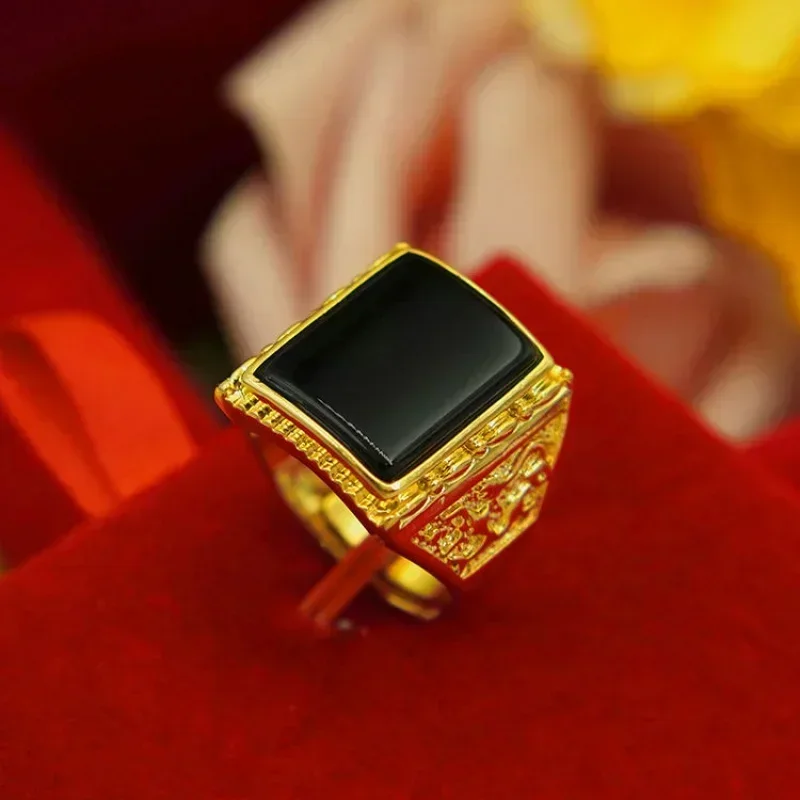 Pure gold ring same style mens AU999 real gold ring 24K agate Pixiu God of Wealth adjustable gold inlaid jade jewelry